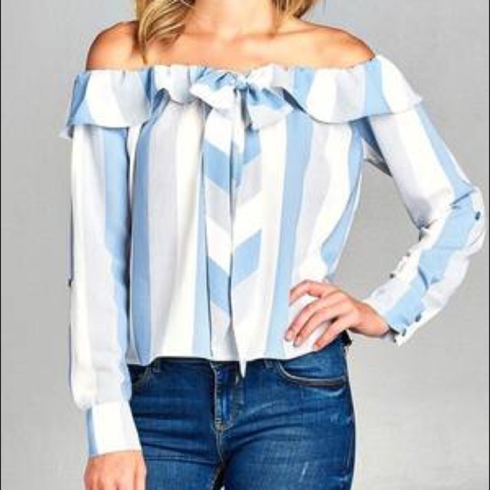 NWT Off The Shoulder Flounce Ribbon Tie Stripe Top